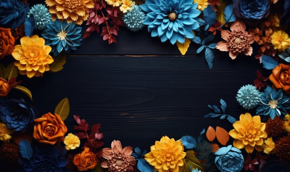 Ai generated Autumn flowers frame on wooden background. Seasonal yellow and red flowers. Autumn background. Space for text. photo