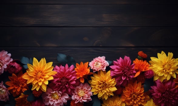 Ai generated Autumn flowers frame on wooden background. Seasonal yellow and red flowers. Autumn background. Space for text. photo