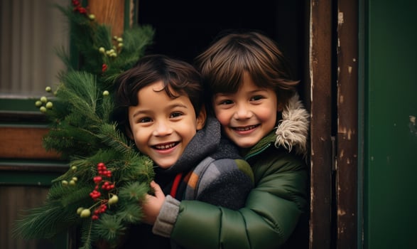 Two kids smiling together. Winter season. Sunset light. Ai generated photo