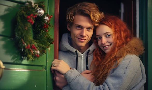 Ai generated Young couple smiling together near home door decorated with mistletoe. Christmas holidays. photo