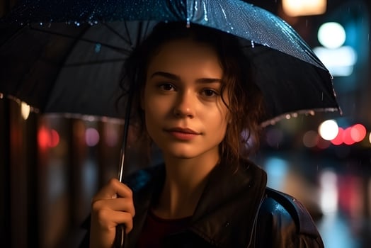 Portrait of a girl with an umbrella in the rain. Neural network AI generated photo