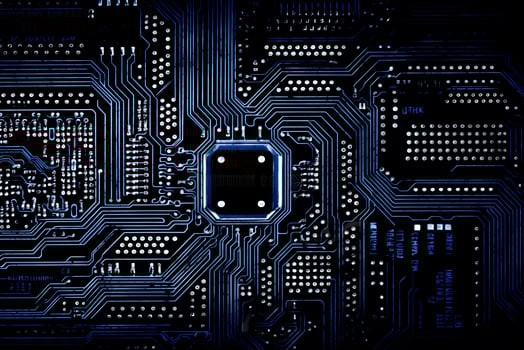 High tech electronic circuit board background. Neural network AI generated photo