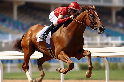 A jockey on a horse wins a race. AI generative photo
