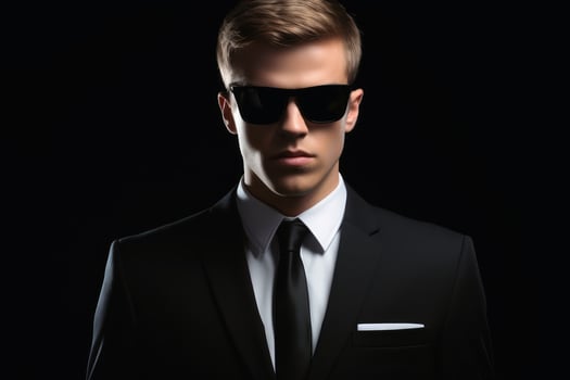 A secret agent in a suit and dark sunglasses.AI Generative photo