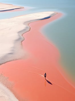 woman beach sand paradise ocean sea back drone top view waves silence serenity zen tranquility photo