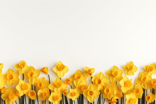 Beautiful daffodils on white background, top view. Space for text Ai Generated photo