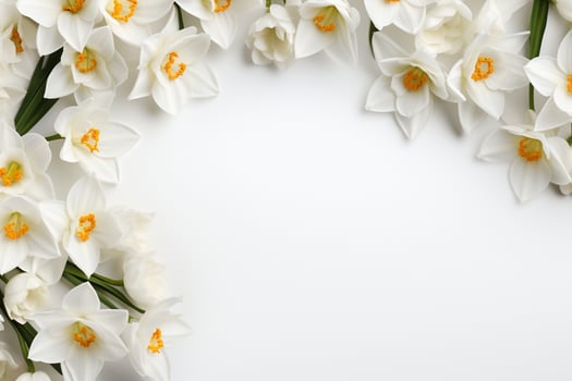 Beautiful daffodils on white background, top view. Space for text Ai Generated photo