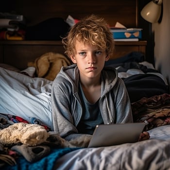 Boy playing tablet in messy room photo