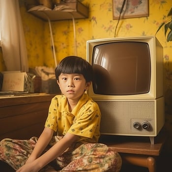 Japanese boys watching retro tv photo