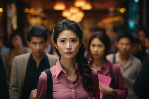 Asian woman with friends leaving dark workplace after late sales project photo