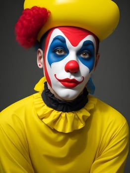 Mime man red, yellow, green, pink, blue and colorful paint face sporty fan clown circus portrait art, AI generated photo