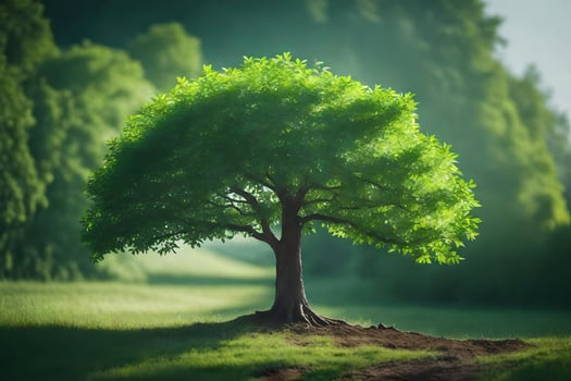 a tree is standing in the middle of a field. AI-Generated photo