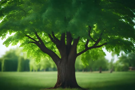 a tree in a field with grass and trees. AI-Generated photo