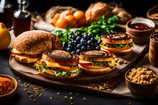 a variety of sandwiches and other foods on a wooden cutting board. AI-Generated photo
