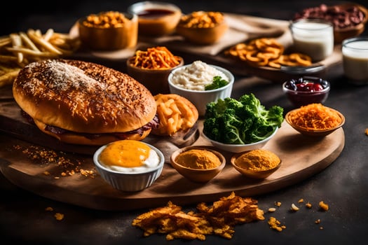 a burger, fries, and other foods on a wooden board. AI-Generated photo