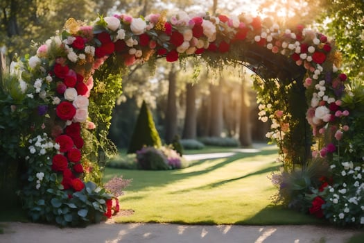 an archway with flowers and greenery. AI-Generated photo