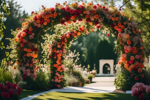 a flower archway with orange and pink flowers. AI-Generated photo
