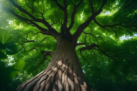 a large tree in the forest with green leaves. AI-Generated photo