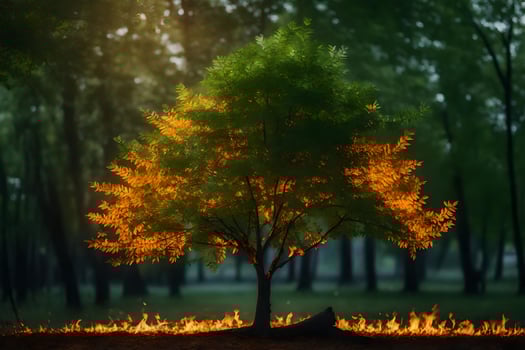 a tree with orange leaves in the middle of a forest. AI-Generated photo