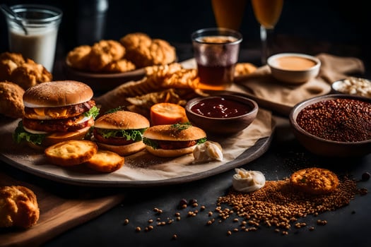 a table with burgers, fries, and other food. AI-Generated photo
