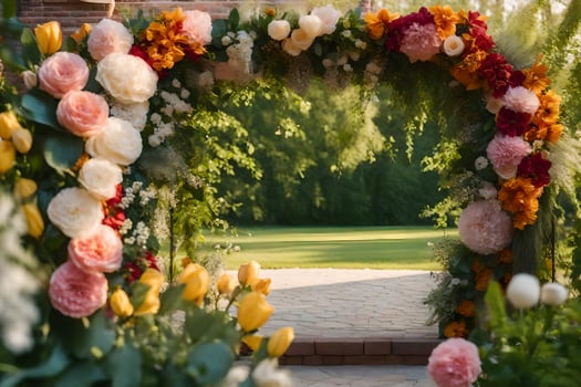 a wedding arch made of flowers in the garden. AI-Generated photo
