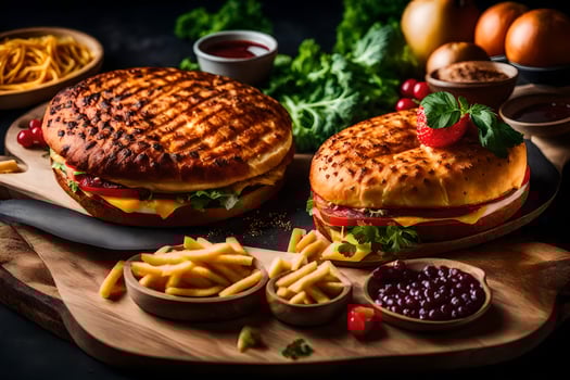 two grilled sandwiches with cheese and vegetables on a wooden cutting board. AI-Generated photo