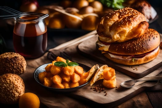 a plate of food with bread, cheese and other items. AI-Generated photo