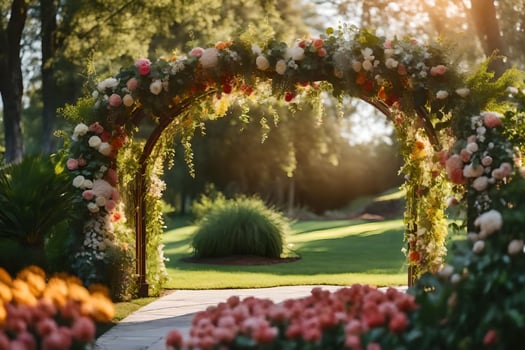 an archway with flowers and grass in the background. AI-Generated photo