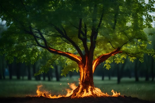 a tree with flames coming out of it. AI-Generated photo