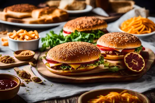 a variety of burgers and other foods on a table. AI-Generated photo