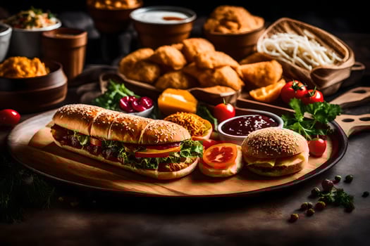 a tray of food with sandwiches, chips and other foods. AI-Generated photo