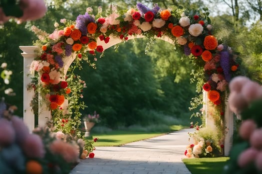 a wedding arch made of flowers in the park. AI-Generated photo