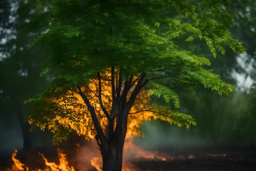 a tree is burning in the middle of a field. AI-Generated photo
