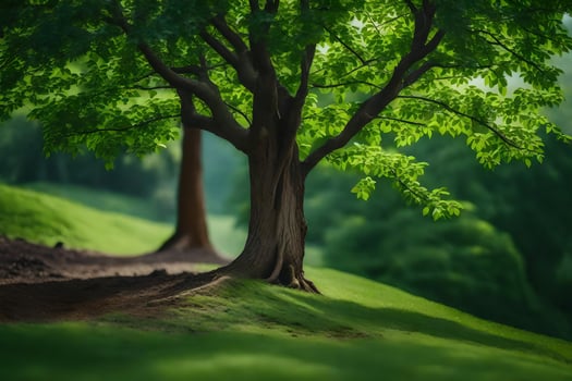 a tree is standing in the middle of a green field. AI-Generated photo