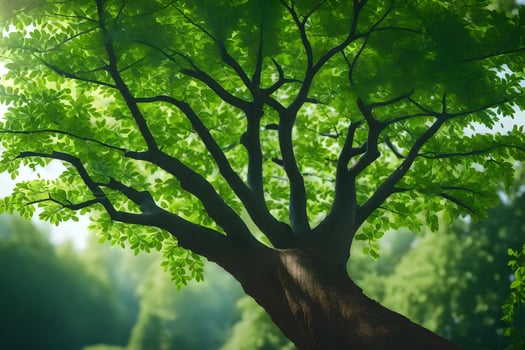 a tree with green leaves in the sunlight. AI-Generated photo