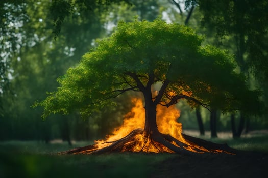 a tree with flames coming out of it in the middle of a forest. AI-Generated photo