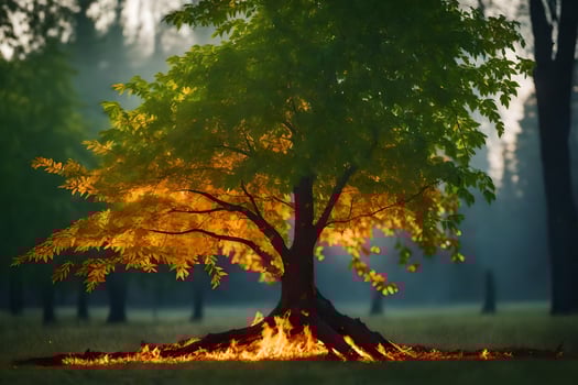a tree with flames on it in the middle of a field. AI-Generated photo