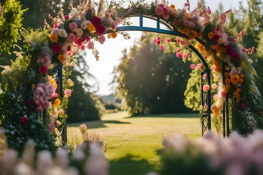 a wedding arch with flowers in the background. AI-Generated photo