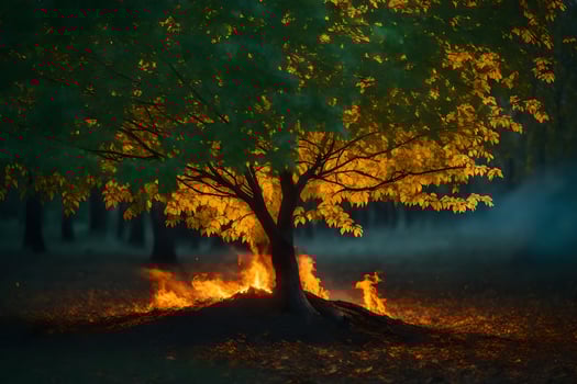 a tree with flames coming out of it in the middle of a forest. AI-Generated photo