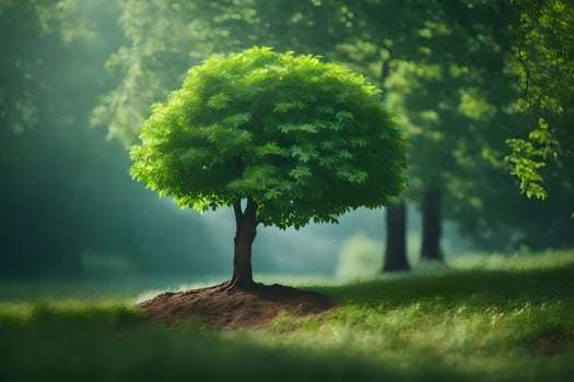a tree in the middle of a green field. AI-Generated photo