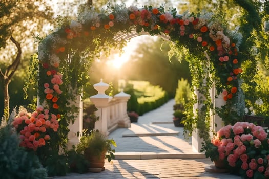 an archway with flowers and greenery. AI-Generated photo