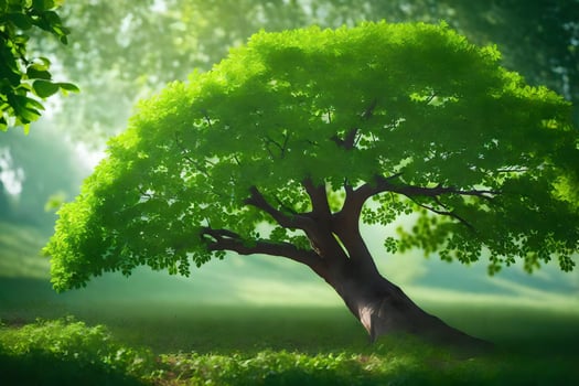 a tree in the middle of a green field. AI-Generated photo