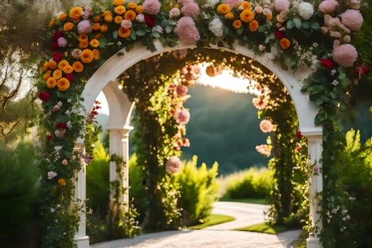 a wedding arch with flowers and greenery. AI-Generated photo