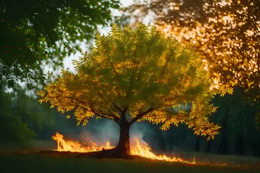 a tree with flames coming out of it in the middle of a field. AI-Generated photo
