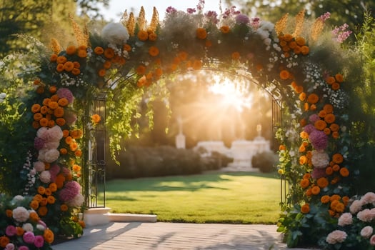 an archway with flowers and grass in the sun. AI-Generated photo