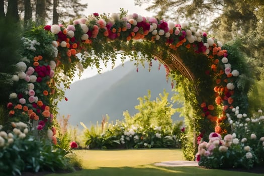 a wedding arch made of flowers in the middle of a field. AI-Generated photo