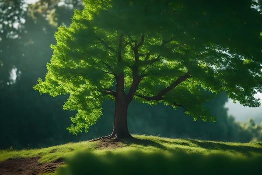 a tree is standing on a hill in the middle of a field. AI-Generated photo