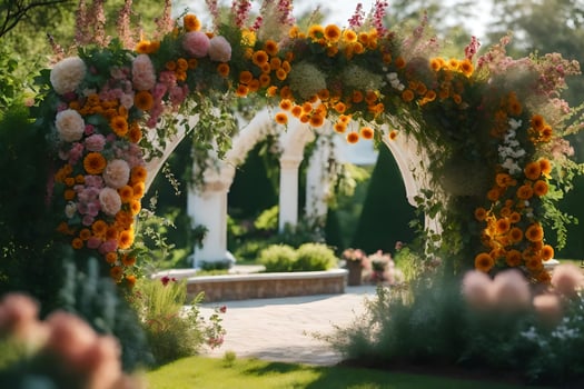 a wedding arch made of flowers in the garden. AI-Generated photo