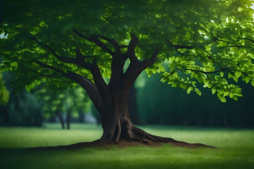 a tree in a field with green leaves. AI-Generated photo