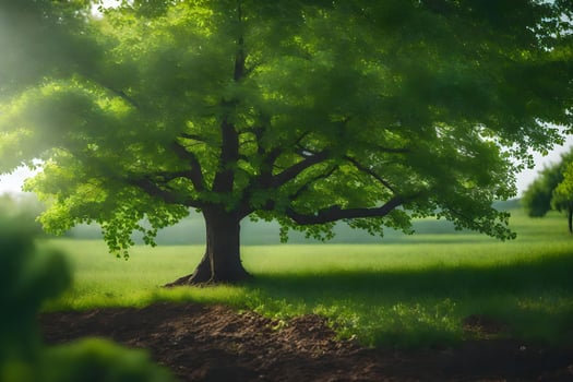 a tree in a field with the sun shining through. AI-Generated photo